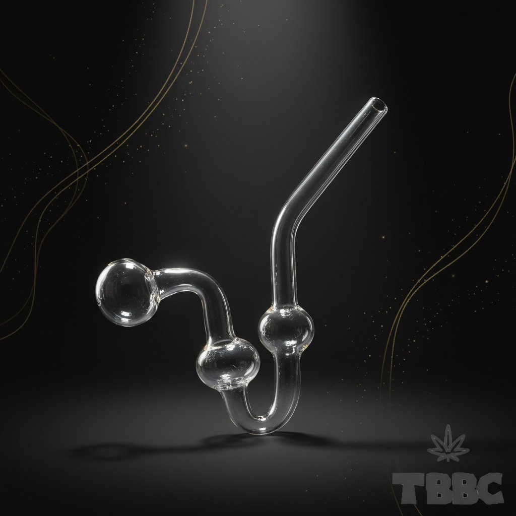 TBBC 7 inch clear borosilicate Sherlock glass oil pipe with curved stem and rounded sections on dark luxury background