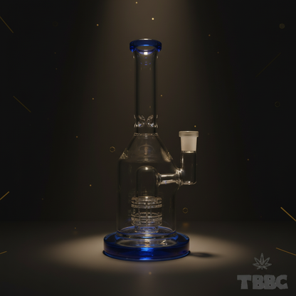 Blue Tide 8 inch borosilicate glass shower bong with showerhead perc, 14mm male joint and blue base on dark background