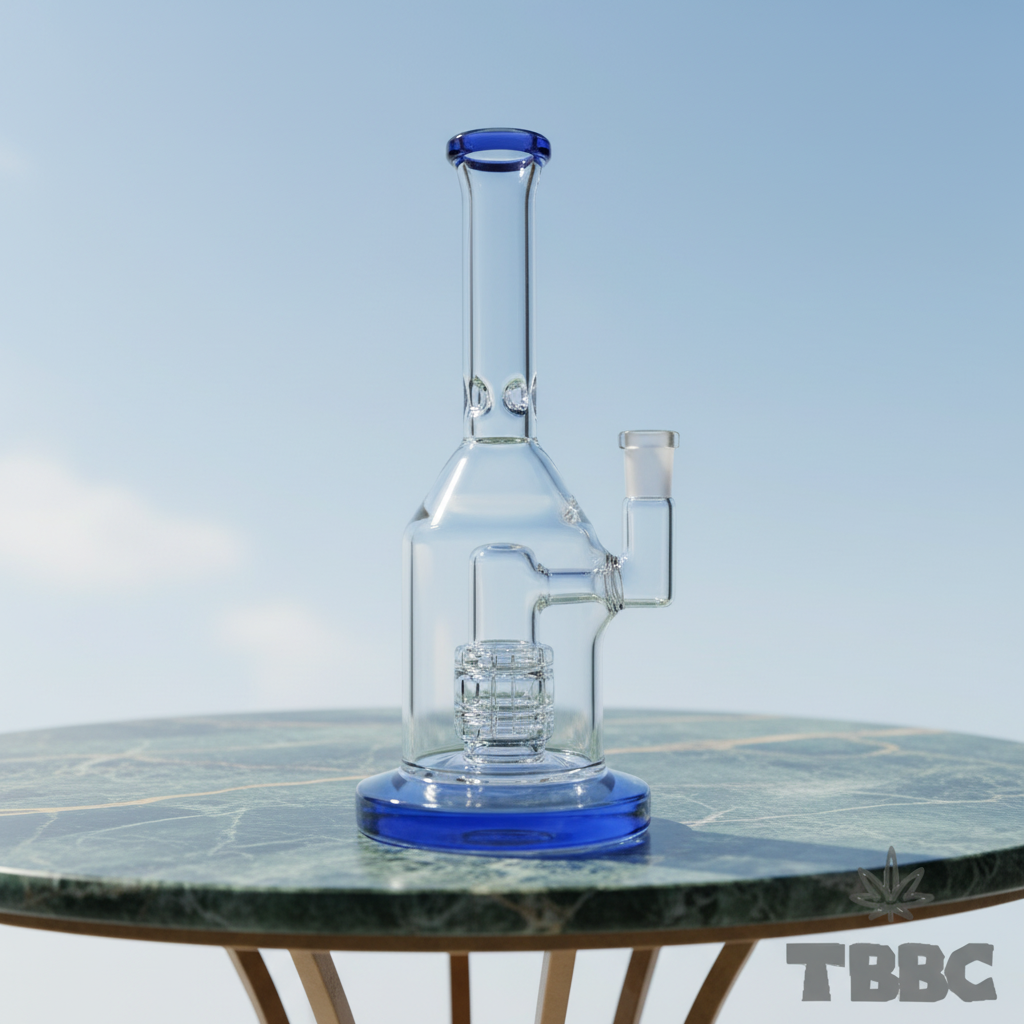 Blue Tide 8 inch borosilicate glass showerhead bong with 14mm male joint, blue base and blue rim on marble and sky background