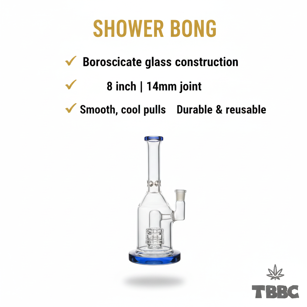 Blue Tide 8 inch borosilicate glass shower bong with 14mm male joint, blue base and showerhead percolator, specifications infographic