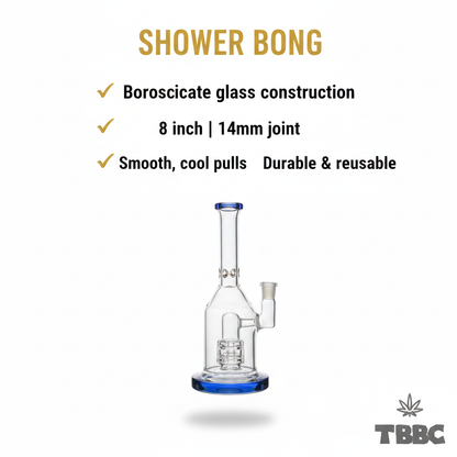 Blue Tide 8 inch borosilicate glass shower bong with 14mm male joint, blue base and showerhead percolator, specifications infographic