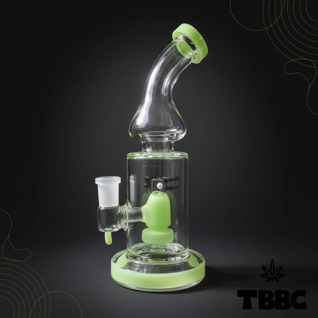 Lime Tide 8 inch borosilicate glass shower bong with 14mm joint, lime-green base and curved mouthpiece on dark background