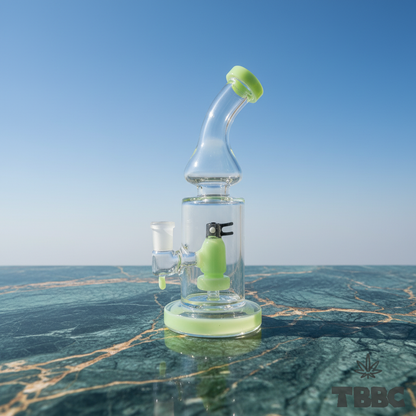Lime Tide 8 inch borosilicate glass showerhead bong with 14mm joint and lime-green accents on marble and sky background