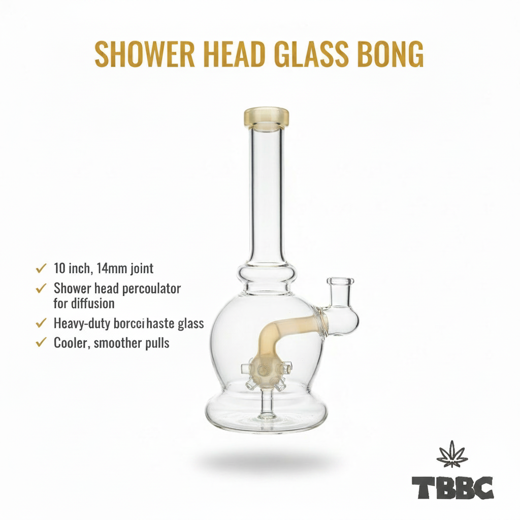 Shower Head Glass Bong infographic showing 10 inch height, 14mm joint, showerhead percolator diffusion and borosilicate glass