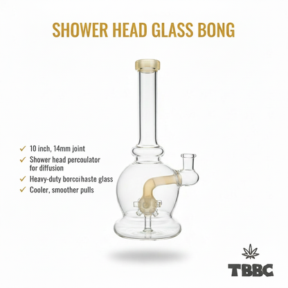 Shower Head Glass Bong infographic showing 10 inch height, 14mm joint, showerhead percolator diffusion and borosilicate glass
