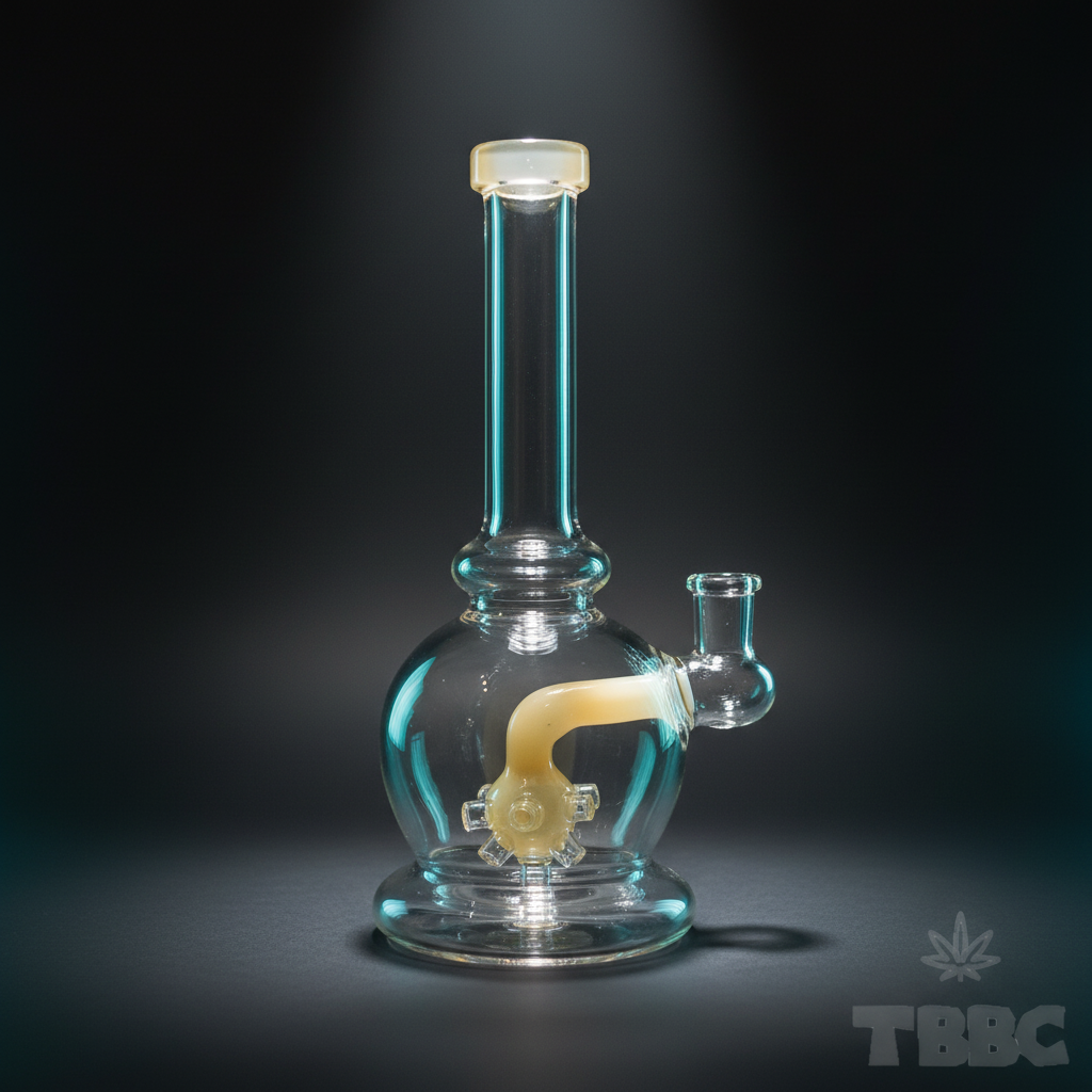 Shower Head Glass Bong 10 inch on dark luxury background, clear glass with showerhead percolator and round base