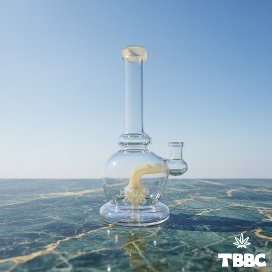 Shower Head Glass Bong 10 inch on marble and sky background, clear glass bong with 14mm joint and showerhead perc
