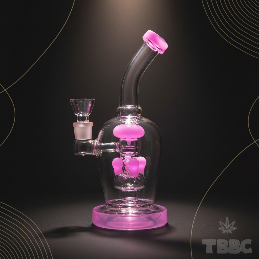 Pink Halo 10 inch borosilicate glass shower percolator bong with 14mm male joint, pink base and mouthpiece on dark background