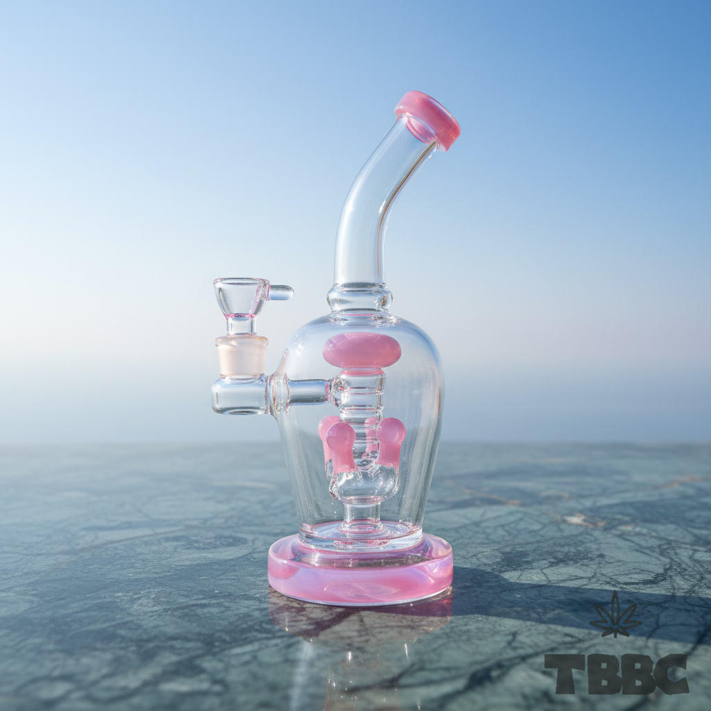 Pink Halo 10 inch borosilicate glass shower percolator bong with 14mm male joint and pink accents on marble and sky background