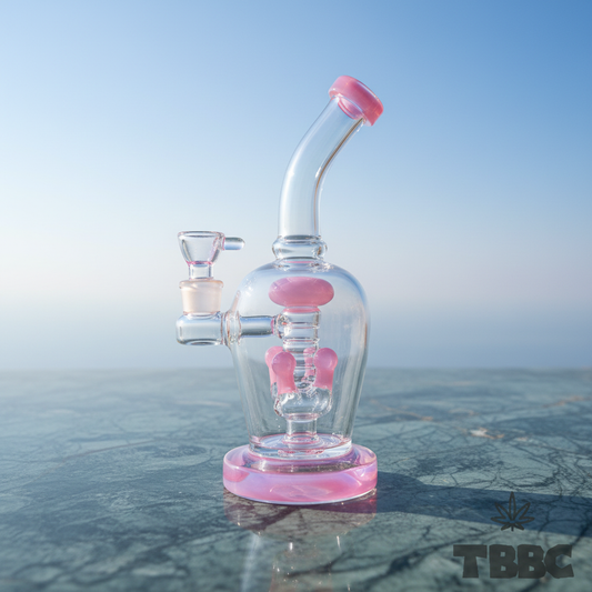 Pink Halo 10 inch borosilicate glass shower percolator bong with 14mm male joint and pink accents on marble and sky background