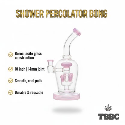 Pink Halo 10 inch borosilicate glass shower percolator bong with 14mm male joint and pink accents, specifications infographic