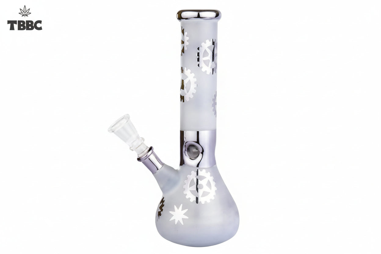 A 10-inch silver glass bong with a geometric camouflage pattern and a bowl on top.