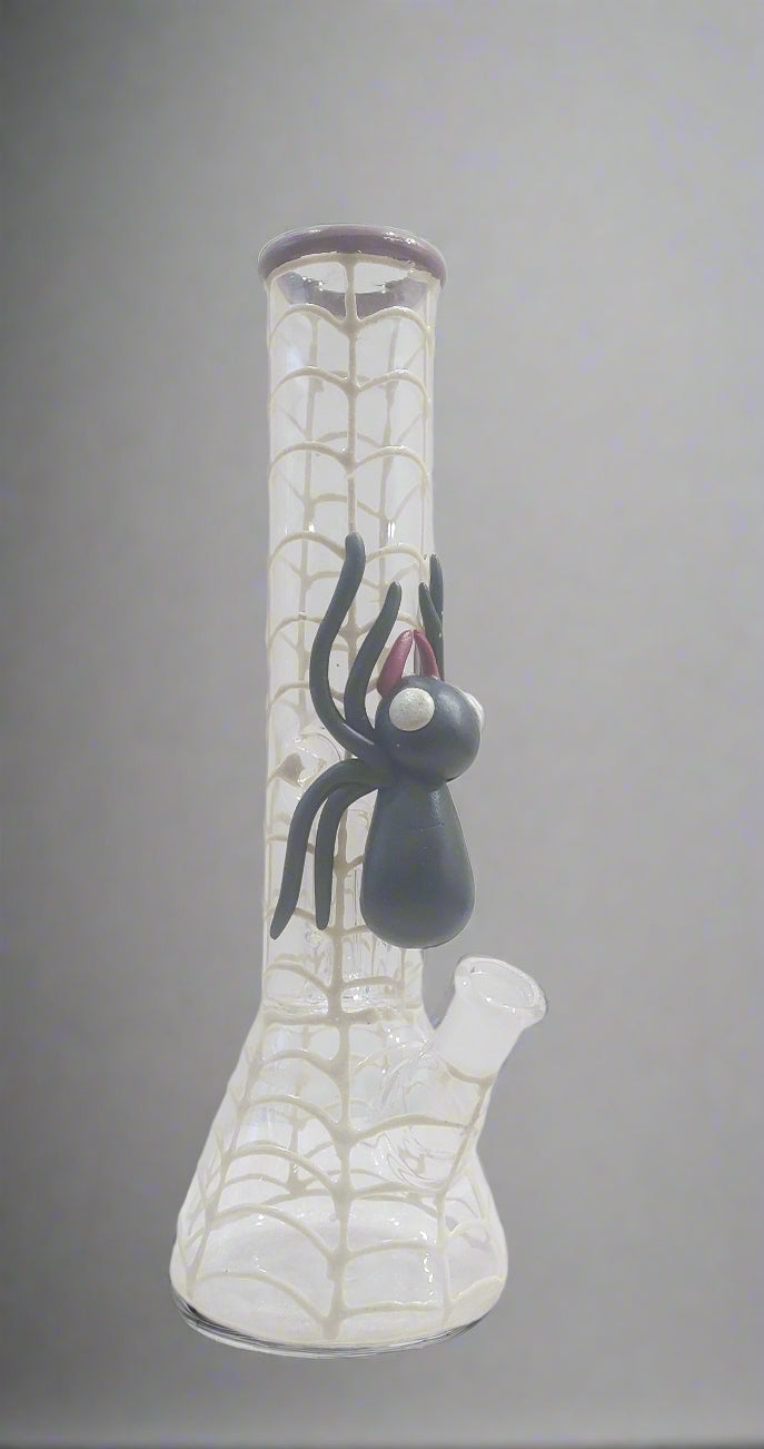 Glass bong weed smoking water pipe with spider decoration on a white background, handcrafted spider design bongs available in 10 inch and 12 inch