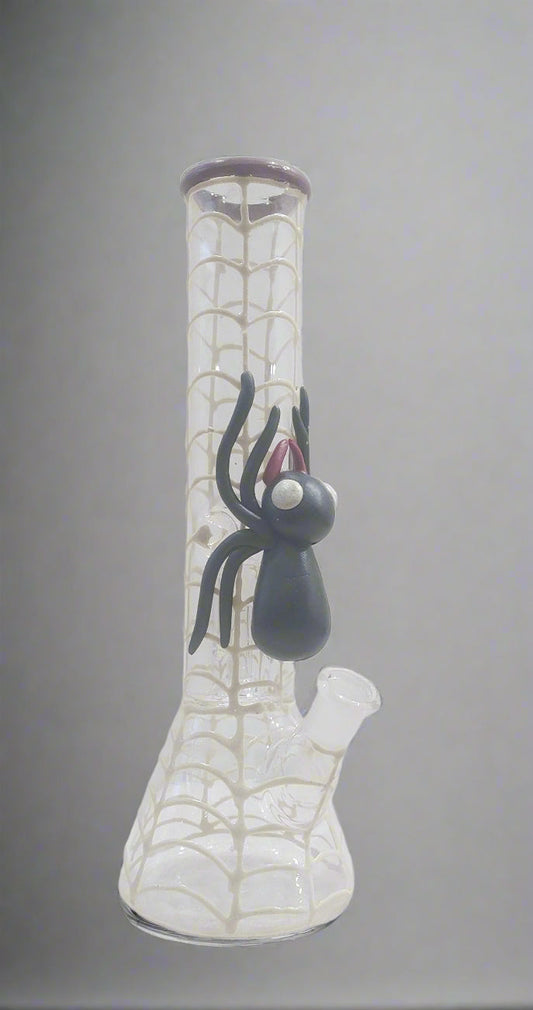 Glass bong weed smoking water pipe with spider decoration on a white background, handcrafted spider design bongs available in 10 inch and 12 inch