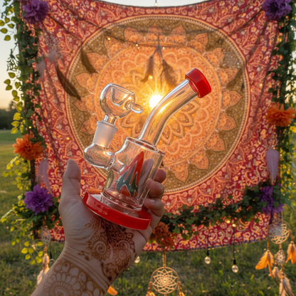 Glass smoking device with red base held in front of a colorful tapestry and floral decorations. Instant delivery bongs in delhi ncr