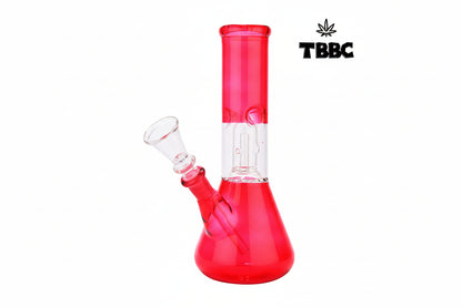 A red glass ice bong with a transparent downstem and Perculator, featuring the TBBC logo.