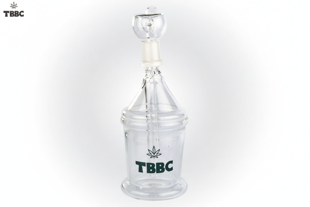 A clear tbbc glass bong with a camouflage pattern and the TBBC brand logo on it. instant delivery in delhi ncr