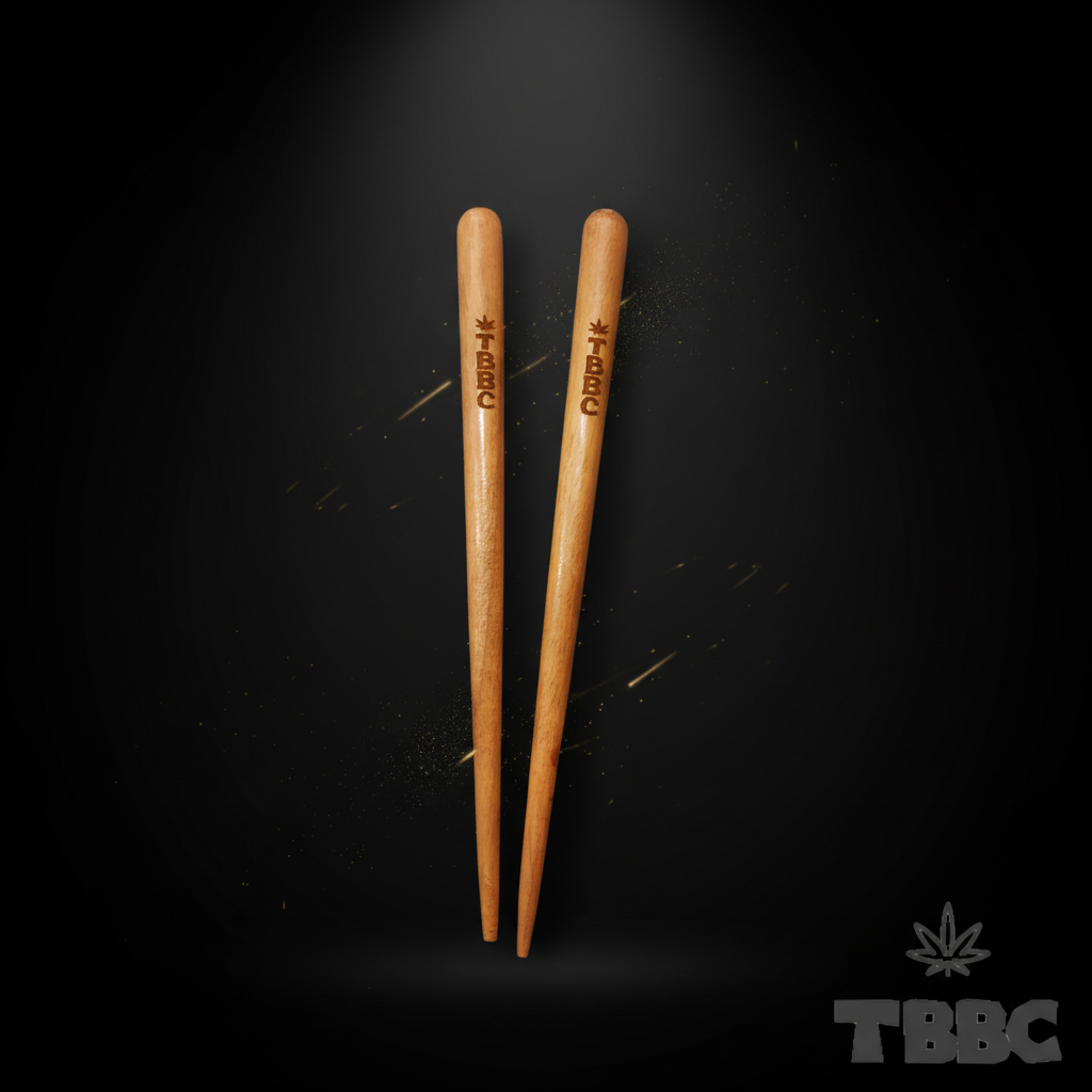 Two tapered wooden chillum cleaning sticks with TBBC branding on a dark background
