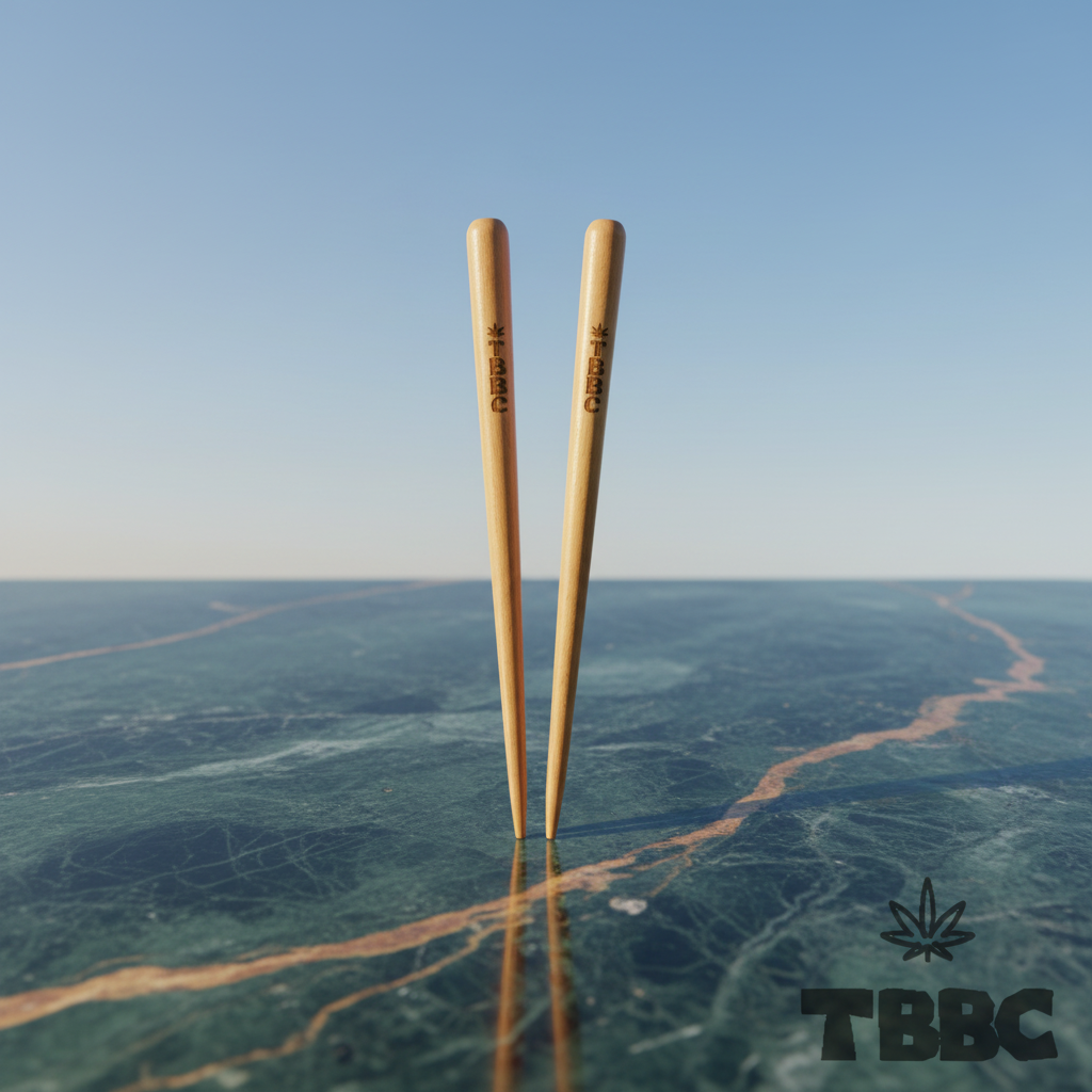 TBBC chillum cleaning sticks on marble and sky background, set of two wooden cleaning tools standing upright