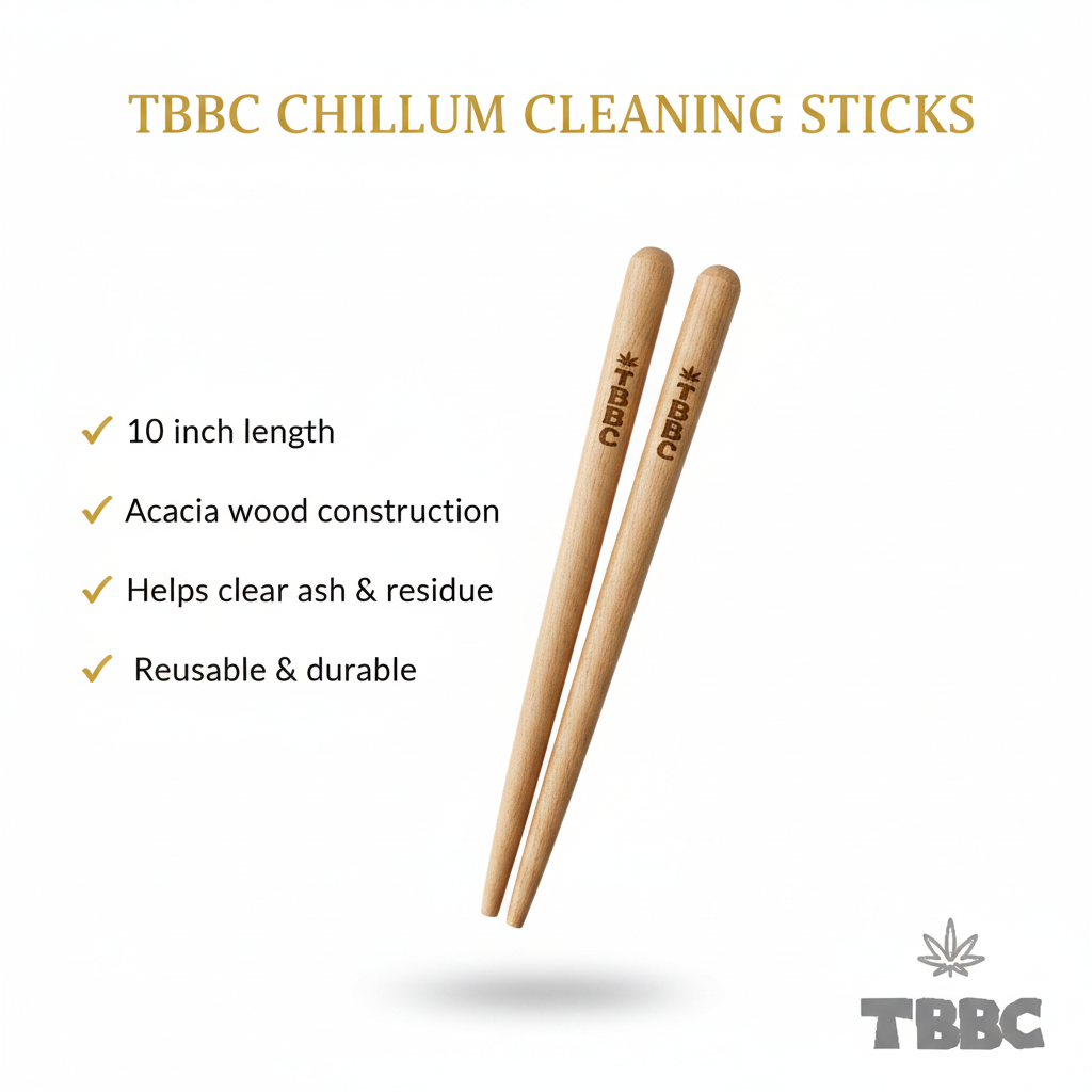 TBBC Chillum Cleaning Sticks infographic showing 10 inch length, acacia wood construction, clears ash and residue, reusable and durable, set of two