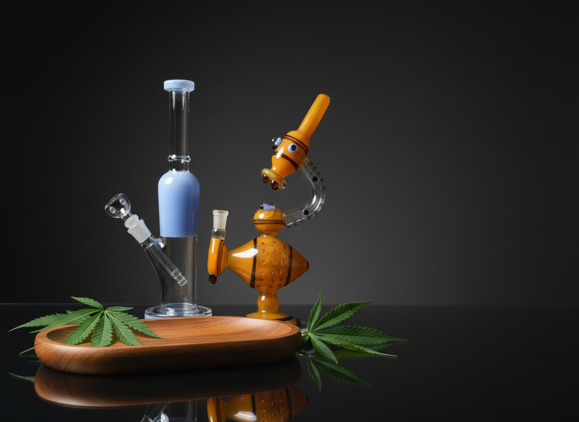 A decorative glass bong water pipe set displayed on a black reflective surface with a dark gradient background. The set includes a clear glass bowl, a light blue bottle chamber, a curved clear glass neck, and an orange-brown patterned body with a matching orange-brown mouthpiece. Instant delivery for bongs in delhi ncr