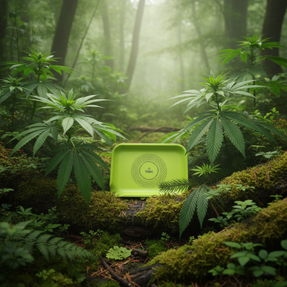 Green tray with a tbbc brand logo on a forest floor with plants, smoking accessories instant delivery in delhi ncr