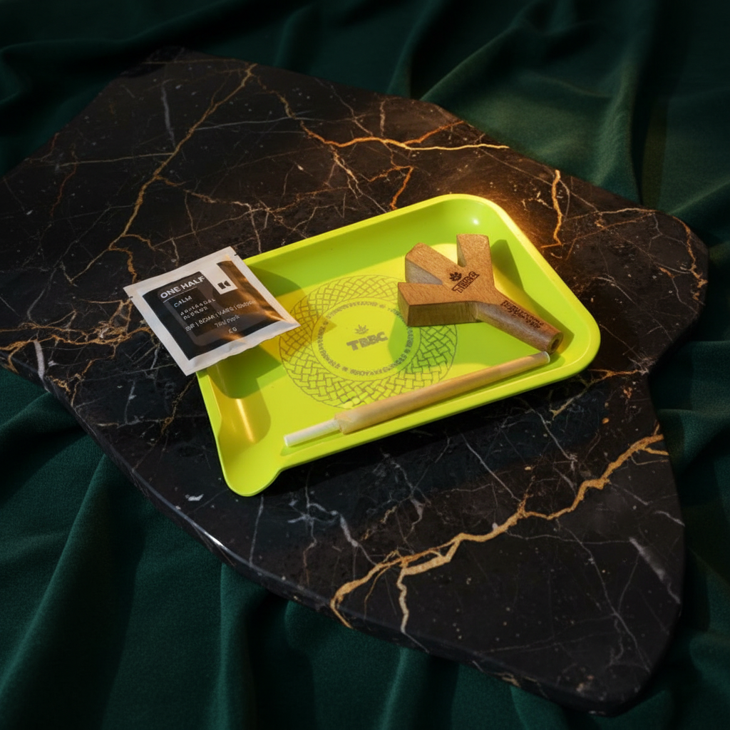 Green tbbc rolling tray with trident j holder and one half herbal mixture on a dark marble surface
