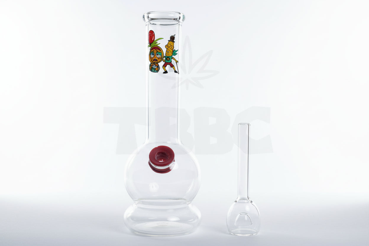 A transparent glass bong with a colorful cartoon character design on the upper part, paired with a glass bowl accessory, standing on a flat surface.
