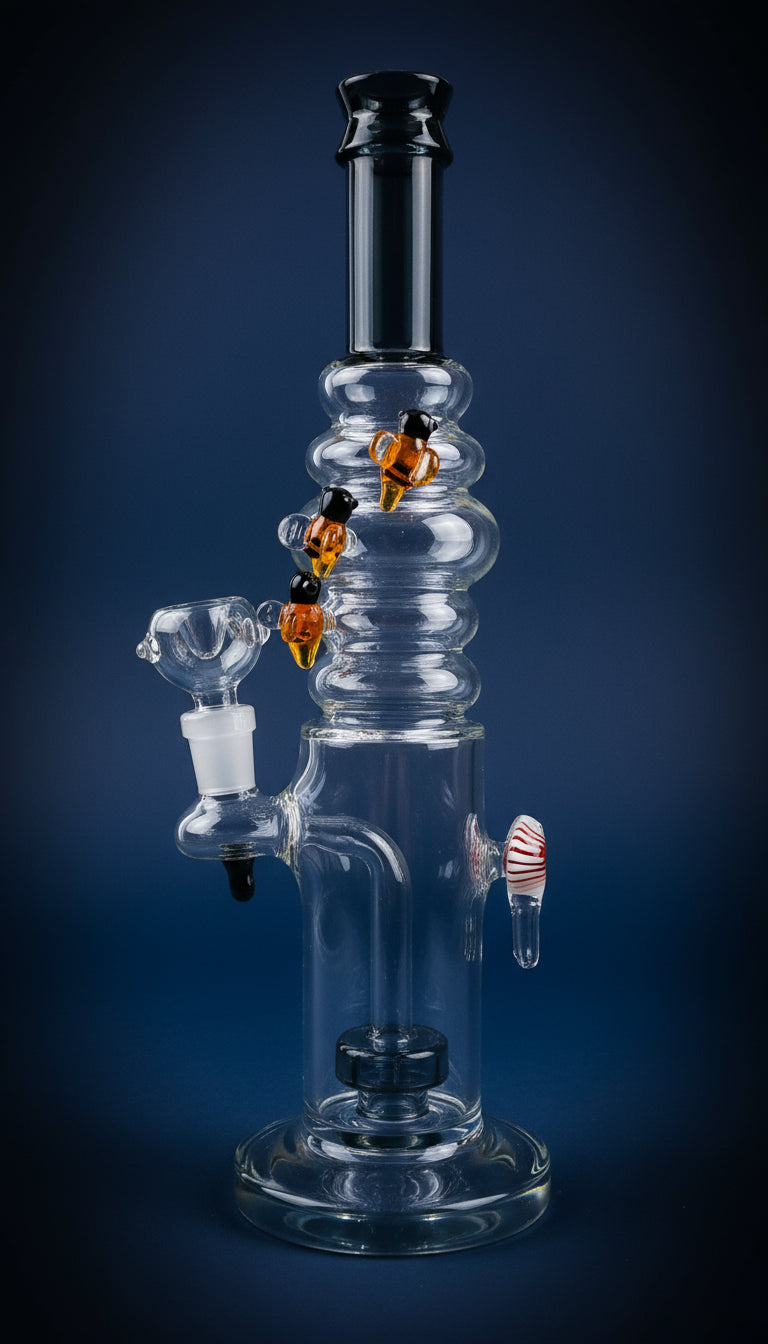 Glass water pipe with multiple necks, Tripple Honeybee 12 inch Shower Bong, dankest heavy duty durable quality glass bong water pipe for travel in medium size by tbbc theboomboxclub