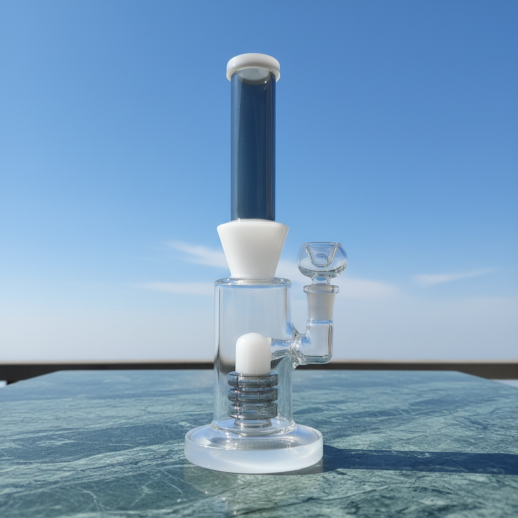 Shower perc bong side profile showing 11 inch height and white-grey aesthetic, premium glassware design