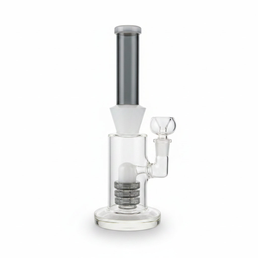 White-grey glass bong with shower percolator inside chamber, diffusion design close-up