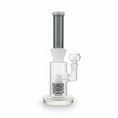 White-grey glass bong with shower percolator inside chamber, diffusion design close-up
