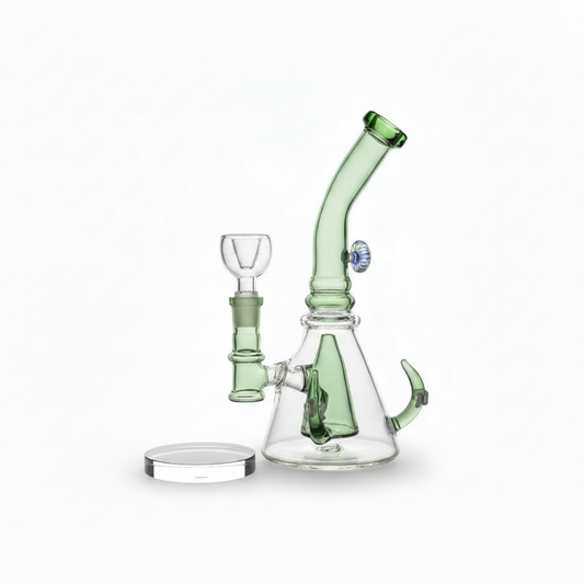 GreenFlow angled borosilicate glass bong 8 inch 14mm joint with white acrylic puck base, premium smoking accessory