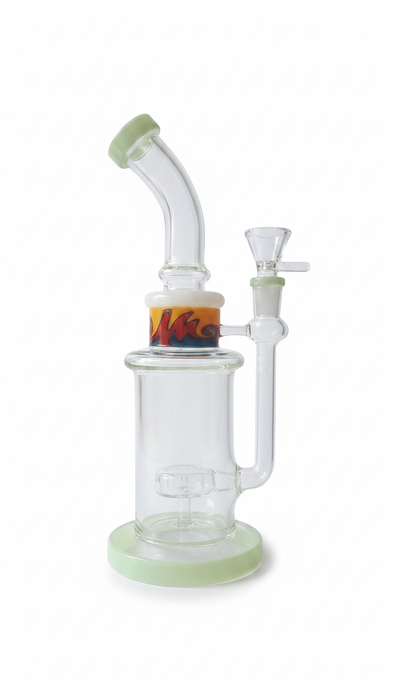MintWave bent neck glass rig with UFO disc perc inside chamber — buy compact 11 inch rig bong online India, 14mm joint, ships across India
