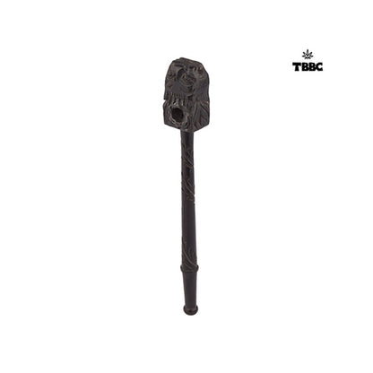 TBBC Wooden Black Lion Pipe, showing the pipe and its detachable bowl, both featuring a dark, carved wood finish with the TBBC logo on the top of the pipe. long sleak easy to clean and hide stoner handcrafted wooden hand pipe for weed.