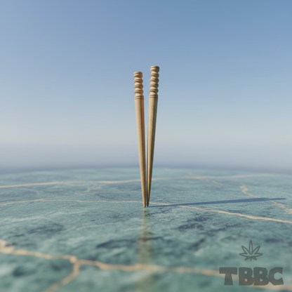 Two tapered wooden chillum cleaning sticks with grooved handles on a marble surface under blue sky