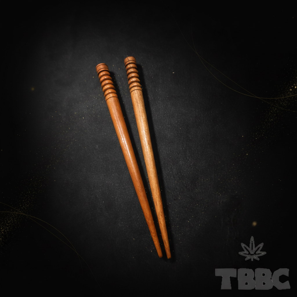 Two wooden chillum cleaning sticks on dark luxury background, handcrafted wood cleaning tool