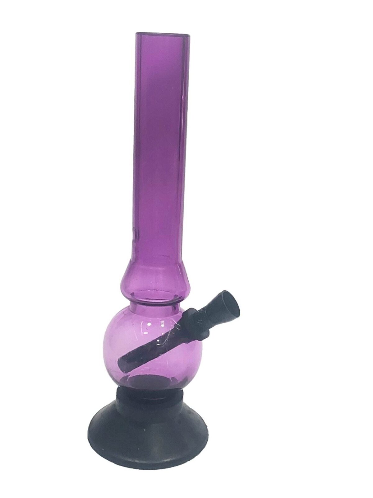An acrylic smoking bong with a bulb design, featuring a purple body and a black base. acrylic purple easy to carry bong