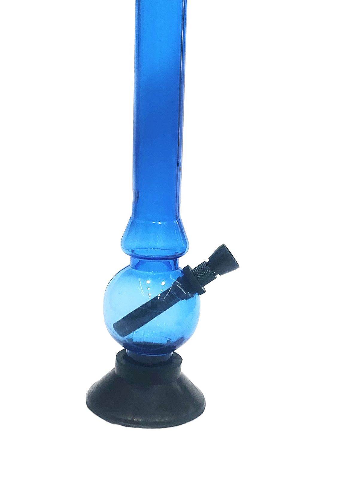 An acrylic smoking bong with a bulb design, featuring a purple body and a black base.