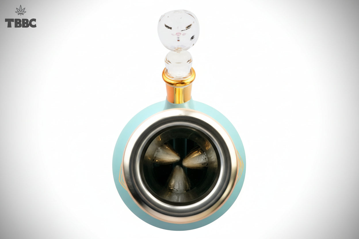 Decorative bong with a ice catcher background, featuring the TBBC logo. india
