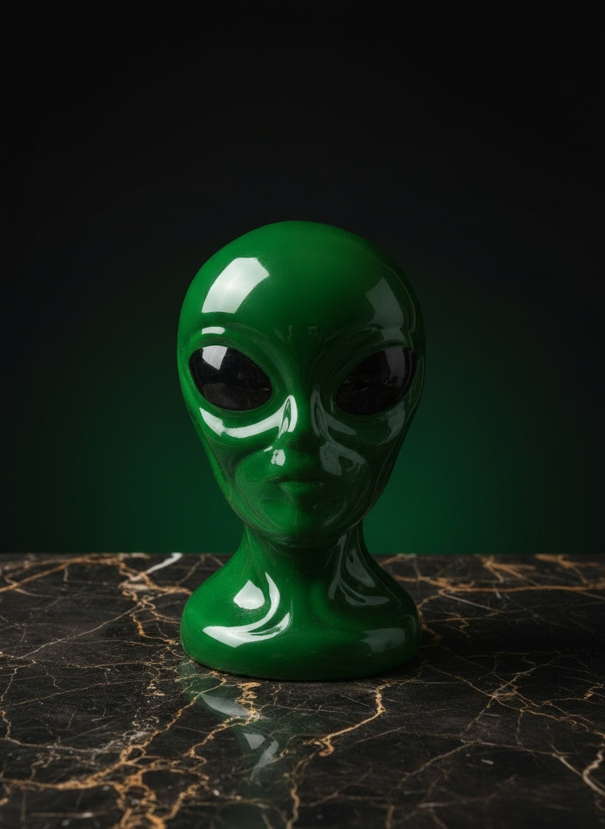 Green alien head sculpture on a dark marble surface. Ceramic alien bong online for instant delivery in delhi ncr, express delivery pan india for bongs, best dopest dankest weed alien bongs online 