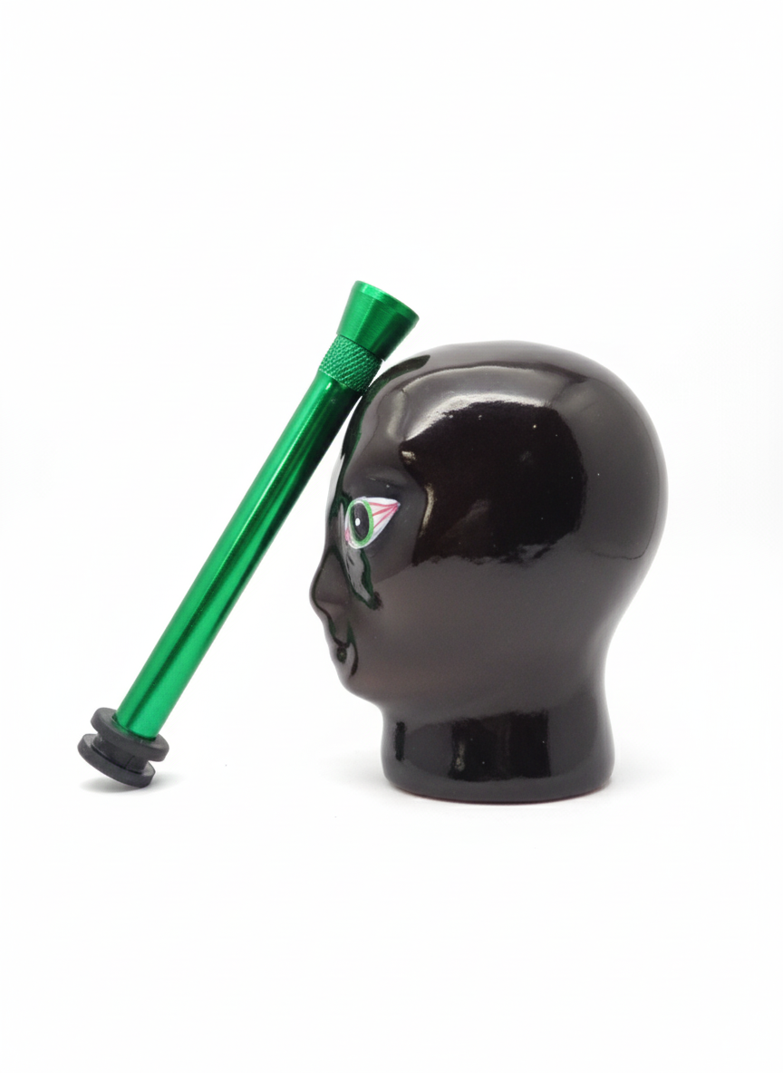 Black ceramic head with a green shooter on a white background, alien head with green eyesbrown  on a white background, Alien Baby Bong Ceramic Water pipe, exotic red eyes ceramic dope stoner 420 bong for weed ganja cannabis keif charas hydroponic instant delivery nearby 