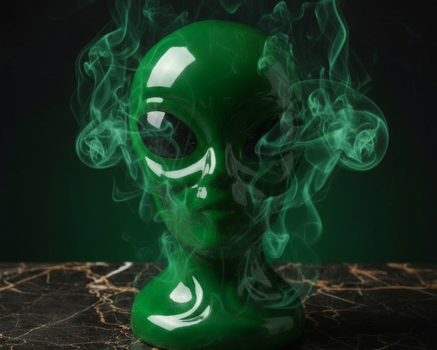 Green alien head sculpture with smoke effect on a dark surface, brand 'THEBOOMBOXCLUB' visible.
Ceramic unique alien bong water pipe for instant delivery