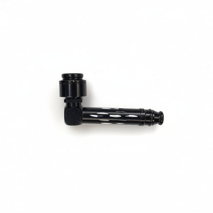 Black metal pipe fitting on a light gray background, unique metal hand pipe with diamond cut export quality instant delivery, best hand pipes for smoking weed, hash hand pipes