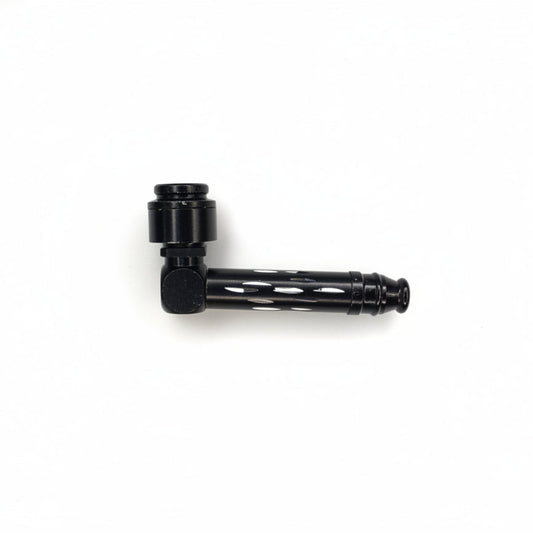 Black metal pipe fitting on a light gray background, unique metal hand pipe with diamond cut export quality instant delivery, best hand pipes for smoking weed, hash hand pipes