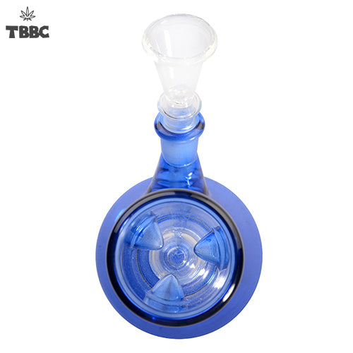 Blue glass smoking bong with white top on a white background, featuring TBBC logo.