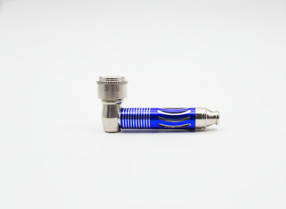 Blue and silver pipe on a gray background, best for stoners, easy to carry clean and hide, top quality smoking pipes online trust worthy brand for smoking accessories, exporter of smoking metal hand pipes 