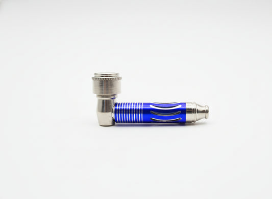 Blue and silver pipe on a gray background, best for stoners, easy to carry clean and hide, top quality smoking pipes online trust worthy brand for smoking accessories, exporter of smoking metal hand pipes 