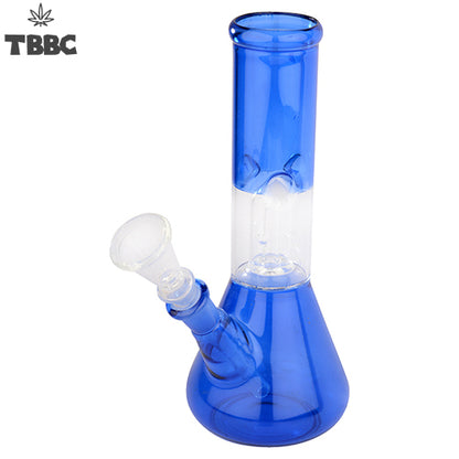 Blue glass water pipe bong with clear chamber on a white background, featuring TBBC logo.