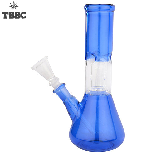 Blue glass water pipe with white interior on a white background, featuring TBBC branding.
